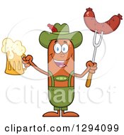 Poster, Art Print Of Cartoon Happy Sausage German Oktoberfest Character Holding A Beer And Meat On A Bbq Fork