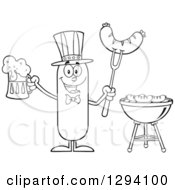 Cartoon Black And White Happy American Sausage Character Holding A Beer And Meat On A Bbq Fork By A Grill