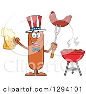 Cartoon Happy American Sausage Character Holding A Beer And Meat On A Bbq Fork By A Grill