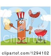 Cartoon Happy American Sausage Character Holding A Beer And Meat On A Bbq Fork By A Grill On A Hill