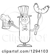 Poster, Art Print Of Cartoon Black And White Happy American Sausage Character Holding A Beer And Meat On A Bbq Fork