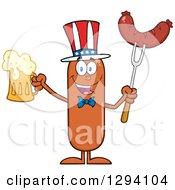 Cartoon Happy American Sausage Character Holding A Beer And Meat On A Bbq Fork