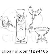 Cartoon Black And White St Patricks Day Leprechaun Sausage Character Holding A Beer And Meat On A Bbq Fork By A Grill