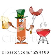 Poster, Art Print Of Cartoon St Patricks Day Leprechaun Sausage Character Holding A Beer And Meat On A Bbq Fork By A Grill