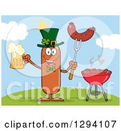 Poster, Art Print Of Cartoon St Patricks Day Leprechaun Sausage Character Holding A Beer And Meat On A Bbq Fork By A Grill On A Hill