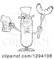 Cartoon Black And White St Patricks Day Leprechaun Sausage Character Holding A Beer And Meat On A Bbq Fork