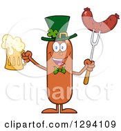 Poster, Art Print Of Cartoon St Patricks Day Leprechaun Sausage Character Holding A Beer And Meat On A Bbq Fork