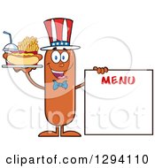 Poster, Art Print Of Cartoon Happy American Sausage Character With A Hot Dog Fries And Soda By A Menu Board