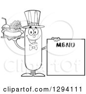 Cartoon Black And White Happy American Sausage Character With A Hot Dog Fries And Soda By A Menu Board