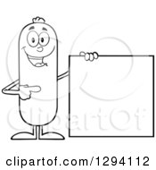 Poster, Art Print Of Cartoon Black And White Happy Sausage Character Standing By And Pointing To A Blank Sign