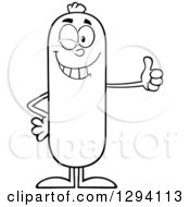 Clipart Of A Cartoon Black And White Happy Sausage Character Giving A Thumb Up And Winking Royalty Free Vector Illustration by Hit Toon