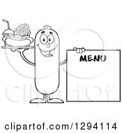 Poster, Art Print Of Cartoon Black And White Happy Sausage Character With A Hot Dog Fries And Soda By A Menu Board