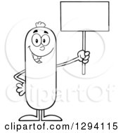 Poster, Art Print Of Cartoon Black And White Happy Sausage Character Holding Up A Blank Sign