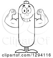 Poster, Art Print Of Cartoon Black And White Strong Sausage Character Flexing His Muscles