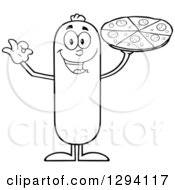Clipart Of A Cartoon Black And White Happy Sausage Character Holding Up A Pizza Royalty Free Vector Illustration by Hit Toon