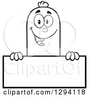 Poster, Art Print Of Cartoon Black And White Happy Sausage Character Over A Blank Sign