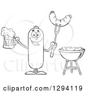 Clipart Of A Cartoon Black And White Happy Sausage Character Holding A Beer And Meat On A Bbq Fork By A Grill Royalty Free Vector Illustration