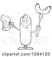 Poster, Art Print Of Cartoon Black And White Happy Sausage Character Holding A Beer And Meat On A Bbq Fork