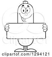 Poster, Art Print Of Cartoon Black And White Happy Sausage Character Holding A Blank Sign
