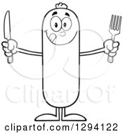 Poster, Art Print Of Cartoon Black And White Hungry Sausage Character Holding A Knife And Fork