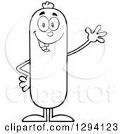 Clipart Of A Cartoon Black And White Happy Sausage Character Waving Royalty Free Vector Illustration by Hit Toon