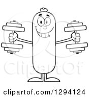 Clipart Of A Cartoon Black And White Happy Sausage Character Working Out With Dumbbells Royalty Free Vector Illustration by Hit Toon