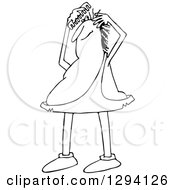 Lineart Clipart Of A Black And White Chubby Caveman Combing His Hair Royalty Free Outline Vector Illustration