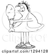 Lineart Clipart Of A Black And White Hungry Chubby Caveman Eating A Giant Drumstick Royalty Free Outline Vector Illustration