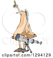 Clipart Of A Chubby Caveman Pointing At The Sky And Standing By A Telescope Royalty Free Vector Illustration