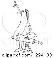 Lineart Clipart Of A Black And White Chubby Caveman Pointing At The Sky And Standing By A Telescope Royalty Free Outline Vector Illustration