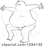 Lineart Clipart Of A Black And White Bald Fat Man Dancing In His Underwear Royalty Free Outline Vector Illustration