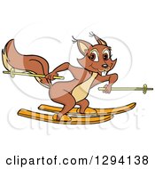 Poster, Art Print Of Cartoon Happy Female Squirrel Skiing To The Right