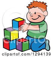 Poster, Art Print Of Cartoon Happy Red Haired White Boy Playing With Building Block Toys