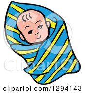 Poster, Art Print Of Cartoon Happy White Baby Swaddled In A Blanket
