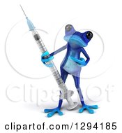 Clipart Of A 3d Blue Springer Frog Holding And Pointing To A Giant Vaccine Syringe Royalty Free Illustration by Julos