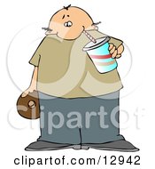Poster, Art Print Of Chubby Balding Man Drinking Soda And Eating A Chocolate Donut