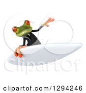 Clipart Of A 3d Green Business Springer Frog Surfing Royalty Free Illustration