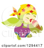 Clipart Of A Green Owl Eating A Waffle Ice Cream Cone Royalty Free Vector Illustration by Cherie Reve