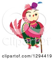Clipart Of A Pink Owl With A Hat And Cane Royalty Free Vector Illustration