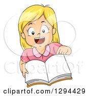 Poster, Art Print Of Excited Blond White School Girl Pointing And Holding Up An Open Book