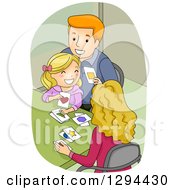 Poster, Art Print Of Happy Red Haired Father And Blond Mother Teaching Thier Daughter How To Identify Shapes With Cards