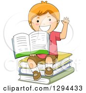 Poster, Art Print Of Happy Strawberry Blond White School Boy Sitting On A Stack Raising A Hand And Holding An Open Book
