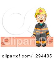 Happy Brunette Fire Fighter Boy Sitting On A Brick Wall With Text Space To The Left
