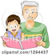 Poster, Art Print Of Happy White Senior Grandfather Reading A Story Book To His Brunette Granddaughter