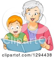 Poster, Art Print Of Happy White Senior Grandmother Reading A Story Book To Her Red Haired Grandson