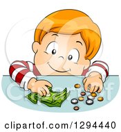 Happy Red Haired White Boy Putting Coins And Cash Money On A Table