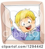 Poster, Art Print Of Happy Blond White Boy Smiling Down Into A Box