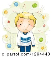 Poster, Art Print Of Sick Blond White Boy With Germs And Viruses On Green