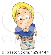 Poster, Art Print Of Happy Blond White Boy Looking Up And Standing On A Weight Scale