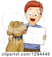 Clipart Of A Happy Red Haired White Boy With His Arm Around A Dog Holding A Blank Sign Royalty Free Vector Illustration